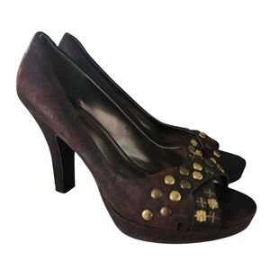 Y2K  L.E.I.‎ Stash Studded Peep‑Toe Platform Heels Chocolate Brown Size 6.5